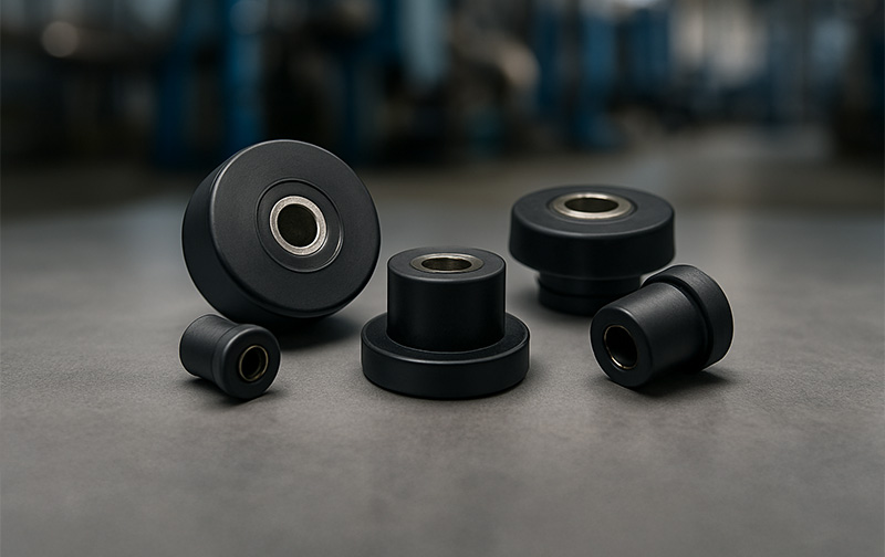 Svarta vibrationsdämpare av gummi placerade på ett industriellt underlag.