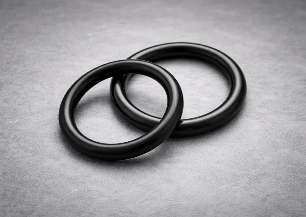 Två svarta O-ringar i gummi liggande på en grå yta